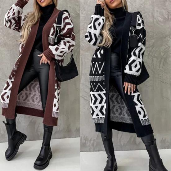 Frauen Herbst Winter Langarm Pullover Strickjacke Farbe Block Geometrie Druck Strickjacke Vorne Offen Stricken Lange Oberbekleidung