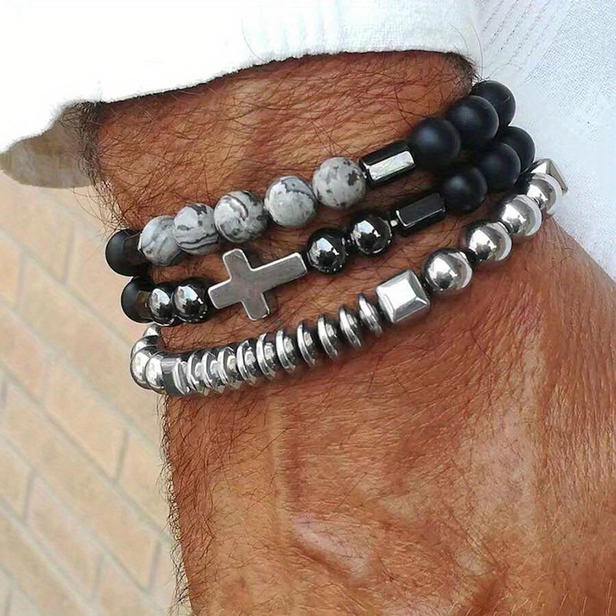 Multi-layer Men's Combination Elastic Bracelet 3Pcs/Set Gift Black Natural Stone Accessories For Couple Friends Jewelry