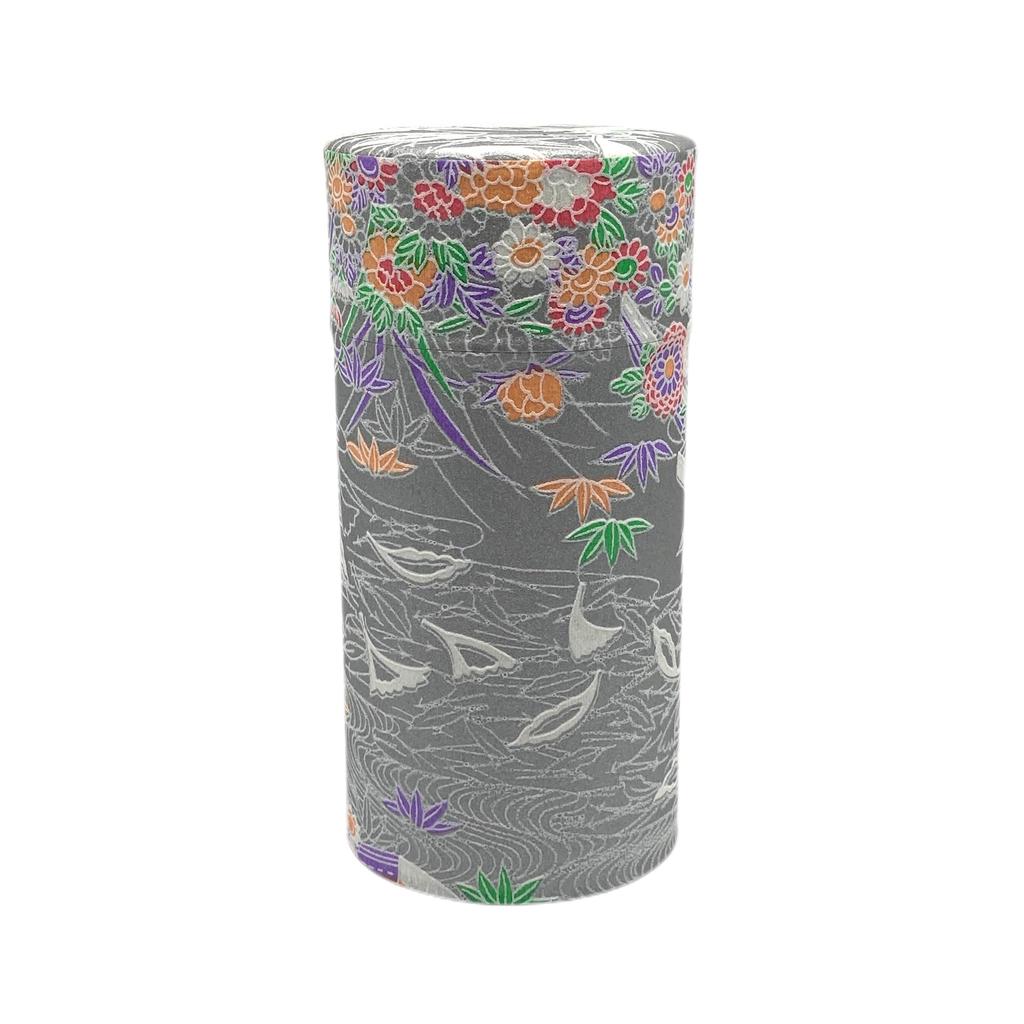 Noguchi Kumataro Tea Garden Tea Caddy, Large Capacity 200g, with Washi Paper and Inner Lid, Waterside Flower Design, Silver, Made in Japan, Stylish