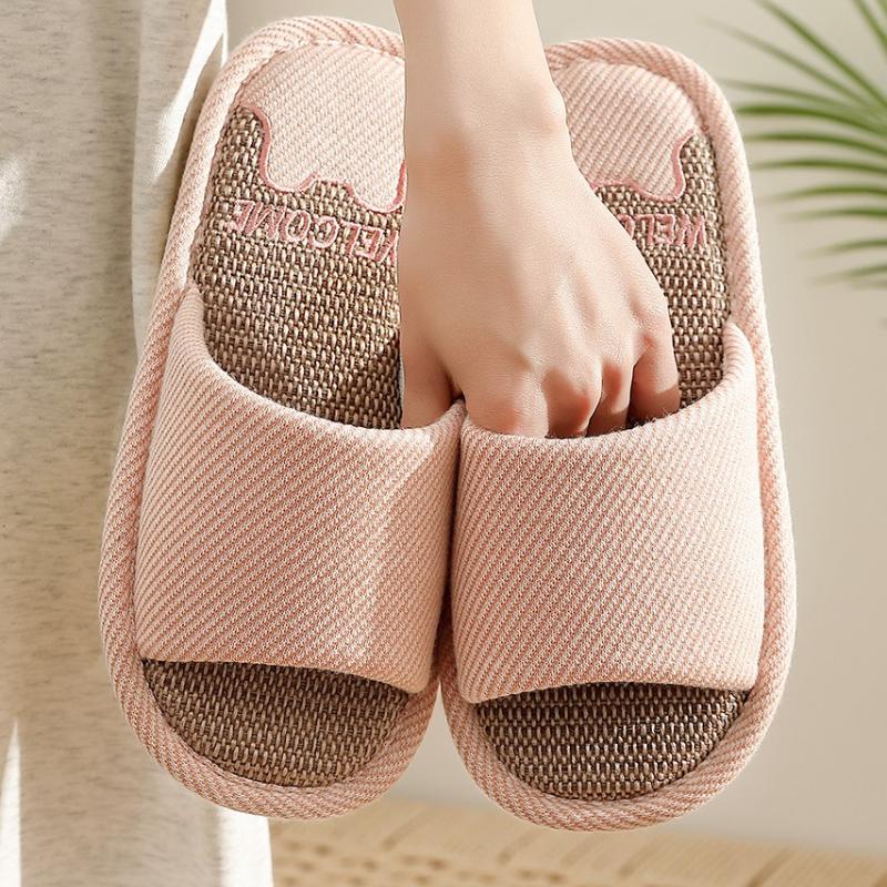 Home Linen Slippers for Women, Cute Bear Design, Summer, Anti-slip and Breathable, Men's Indoor Household Floor Slippers