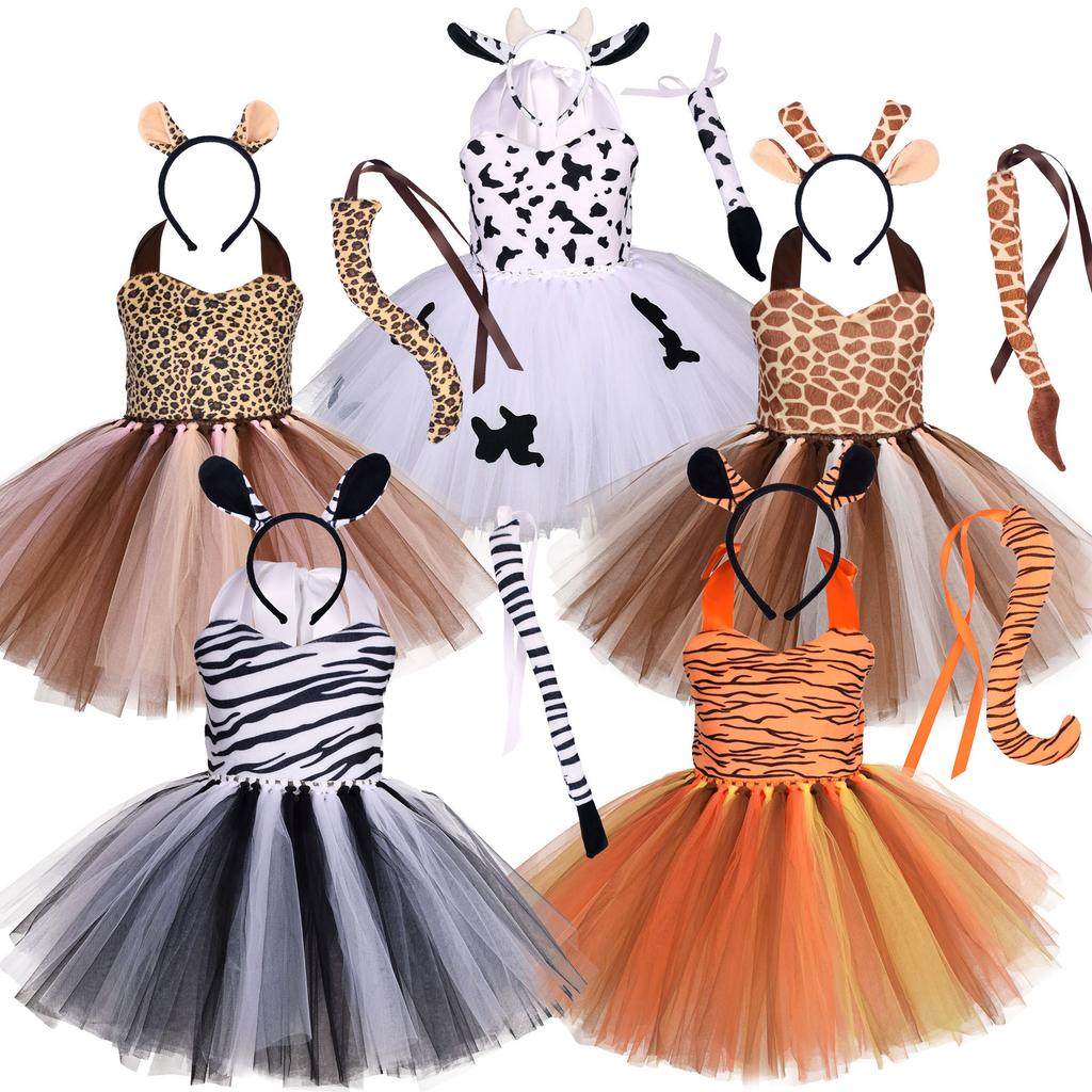 Animal Print Tutu Dress Set Safari Themed Costumes With Headband Tail June 1st Holiday Party Stage Performance Halloween Cosplay