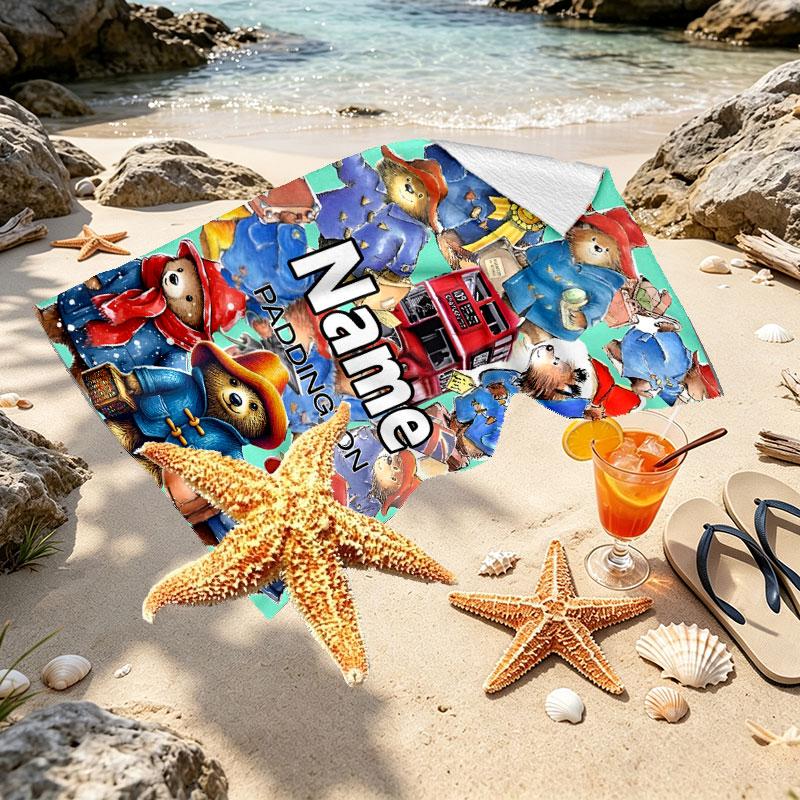 Custom Name Personalized Paddington Bear Print Beach Towel, for Trip Camping Beach Party Home Decor, Birthday Gift for Family & Friends