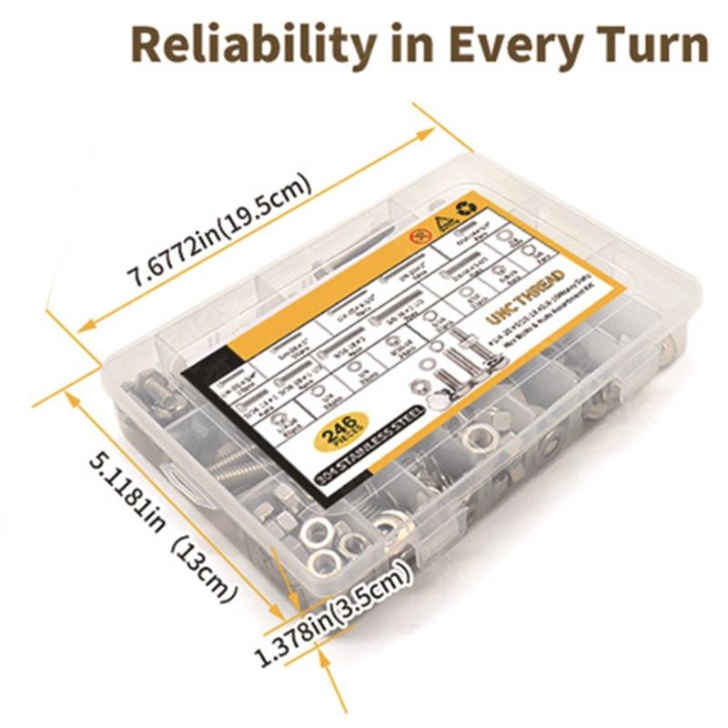 246PCS Hex Bolts Nuts Washers in Organized Storage Box Assembly Set Upgrades for Easy Access & Diverse Repair Needs