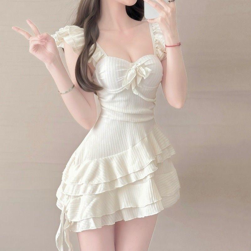 

Купальники Женские Высококачественные Красивые Слитные Юбка Стиль Прикрывает Тело Показывает Тонкую Грудь Собирает Вместе Отпуск Погрузиться в Горячие M покинуть белый