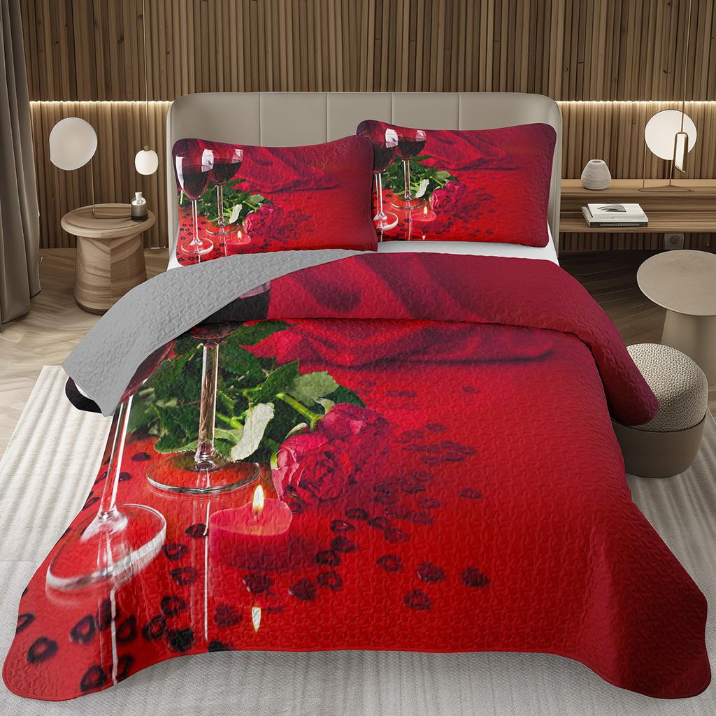 Romantic Rose Bedspread Queen/King/Twin Botanical Floral Coverlet Valentine's Day Quilted Bedding Set for Girls Women Room Decor