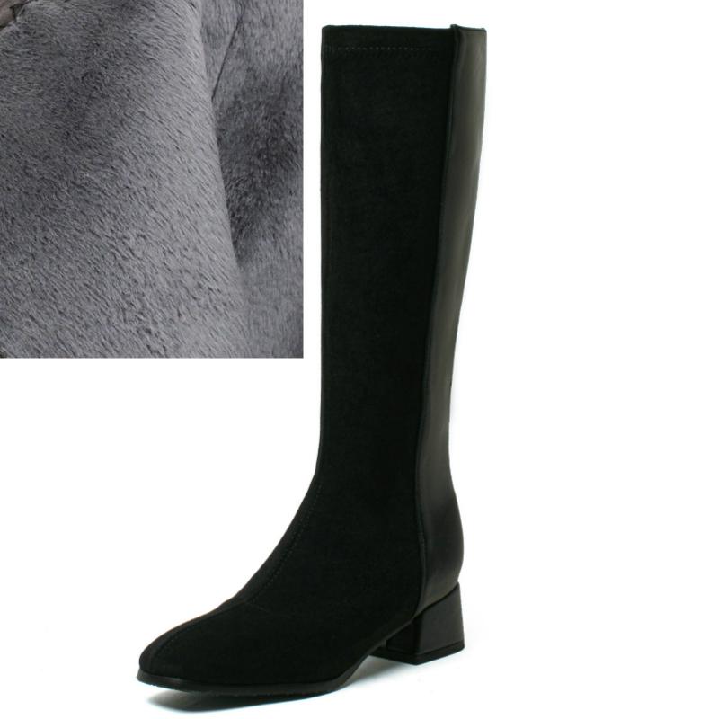 Women's Winter High Boots Quality Suede Knee High Boot Flock Casual Low Heel Autumn Winter Long Shoes Woman Black Large Size 43