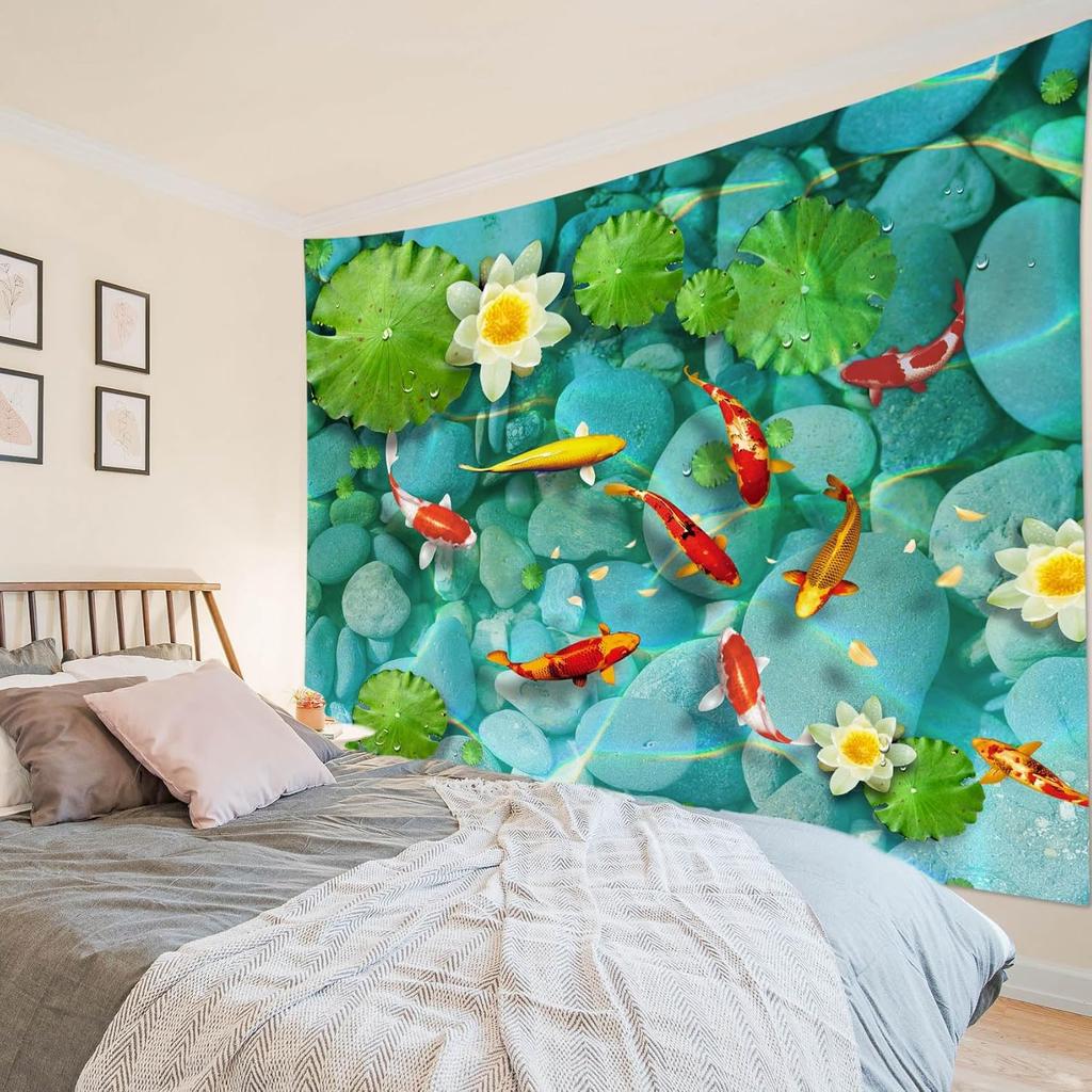 Fish Tapestry Japanese Carp in Lotus Pond Tapestry Wall Hanging Flower and Green Leaf Botanical Wall Art for Bedroom Living Room