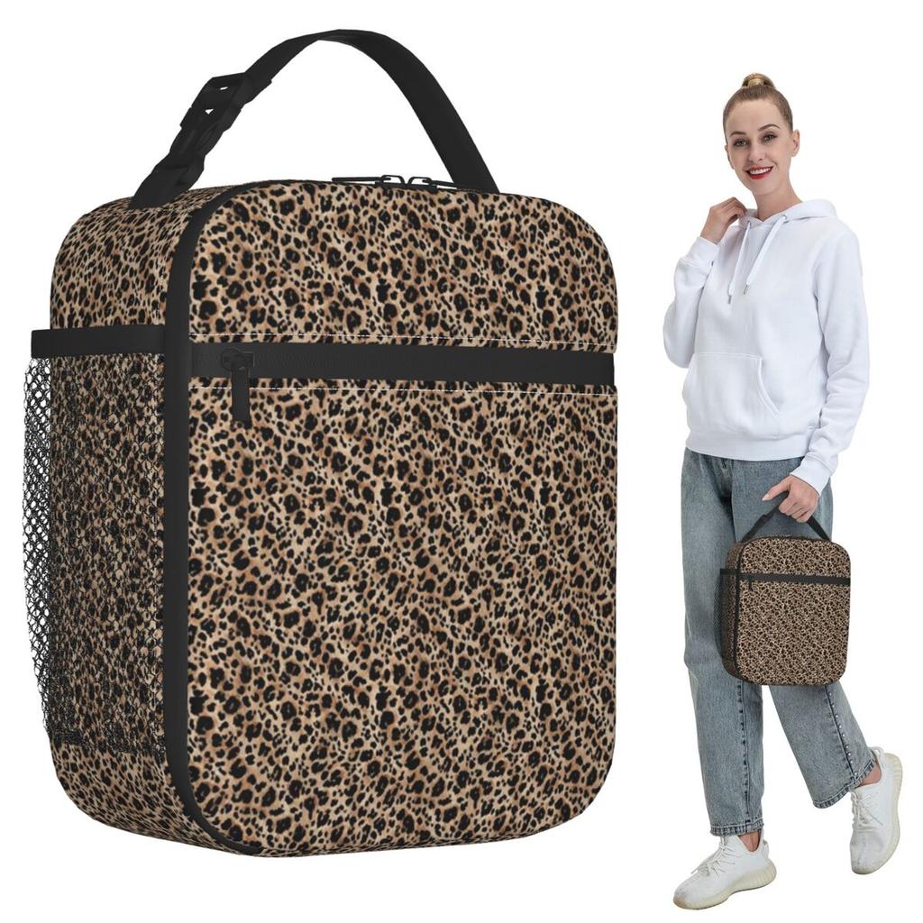 Borsa Pranzo Termica con Fantasia Leopardo Marrone per Donne Ufficio Borsa Frigo Termica Contenitore Porta Pranzo Portatile