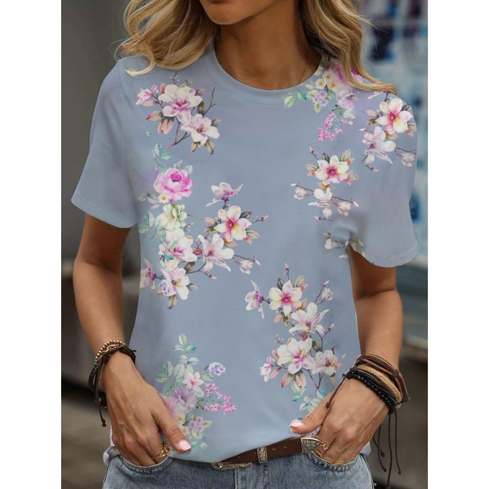 Multicolor floral printed T-shirt, casual street style, high-end top women's clothing, short-sleeve T-shirt for 2025.