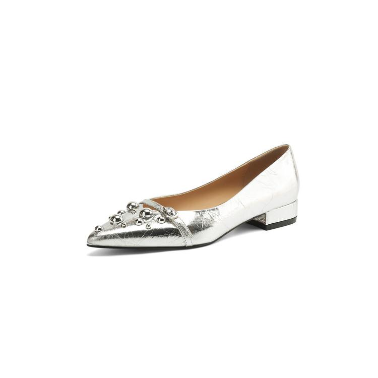 

Модные новые весенне-летние туфли из натуральной кожи для женщин, модные туфли-лодочки с острым носком и заклепками, на низком толстом каблуке, серебристые 39