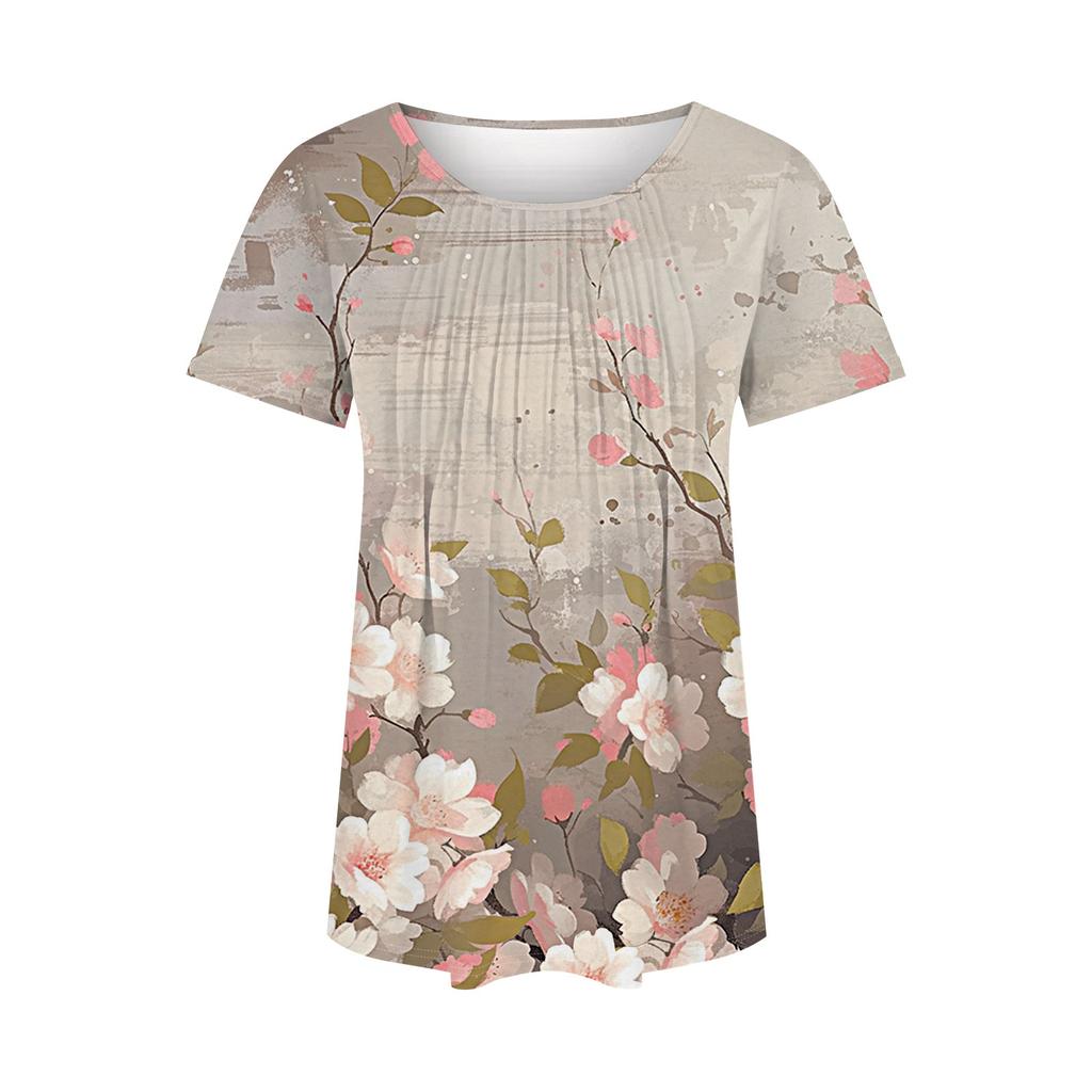 Dámské módní ležérní plisované tričko s kulatým výstřihem a krátkým rukávem s potiskem