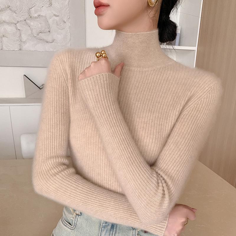 Women's Coffee High-Neck Sweater - Celebrity Style, Fall/Winter 2025, Slim Fit, Solid Color, Base Layer.