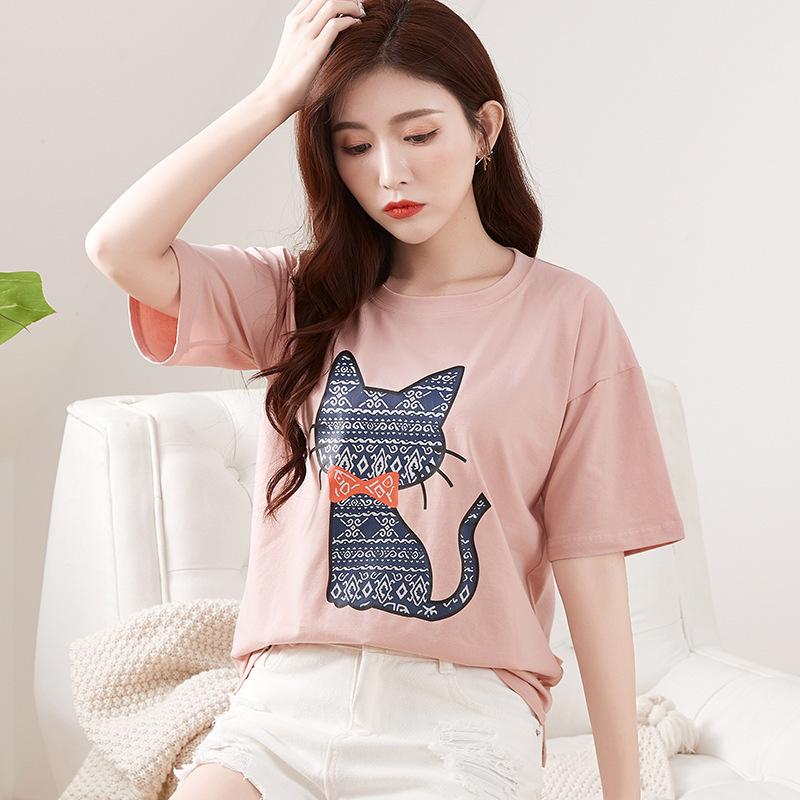 Spring New Short-sleeved Ins Korean Version T-shirt Girls Round Neck Casual Printed Tops Fashionable and Cute Women's Clothing