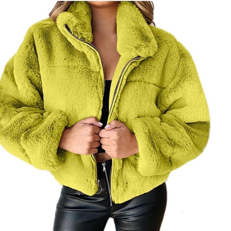 Women's Autumn Winter Faux Fur Short Coats Zipper Plush Warm Oversized Thick Jacket Turn Down Collar Overcoat