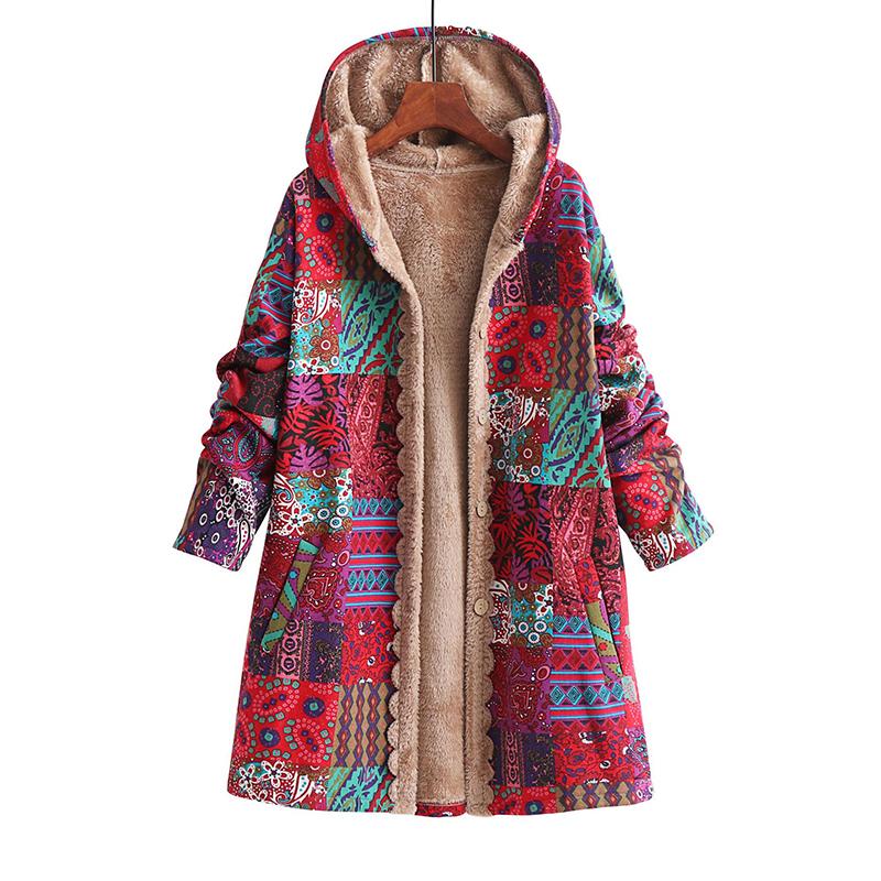 Vintage Warm Print Pocket Thick Zipper Hooded Autumn Winter Coat Women