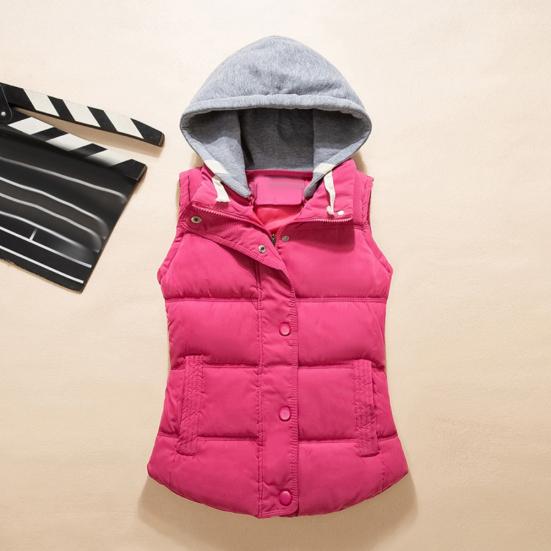 Women Autumn Winter Color Block Sleeveless Hooded Waistcoat Warm Thick Vest Coat