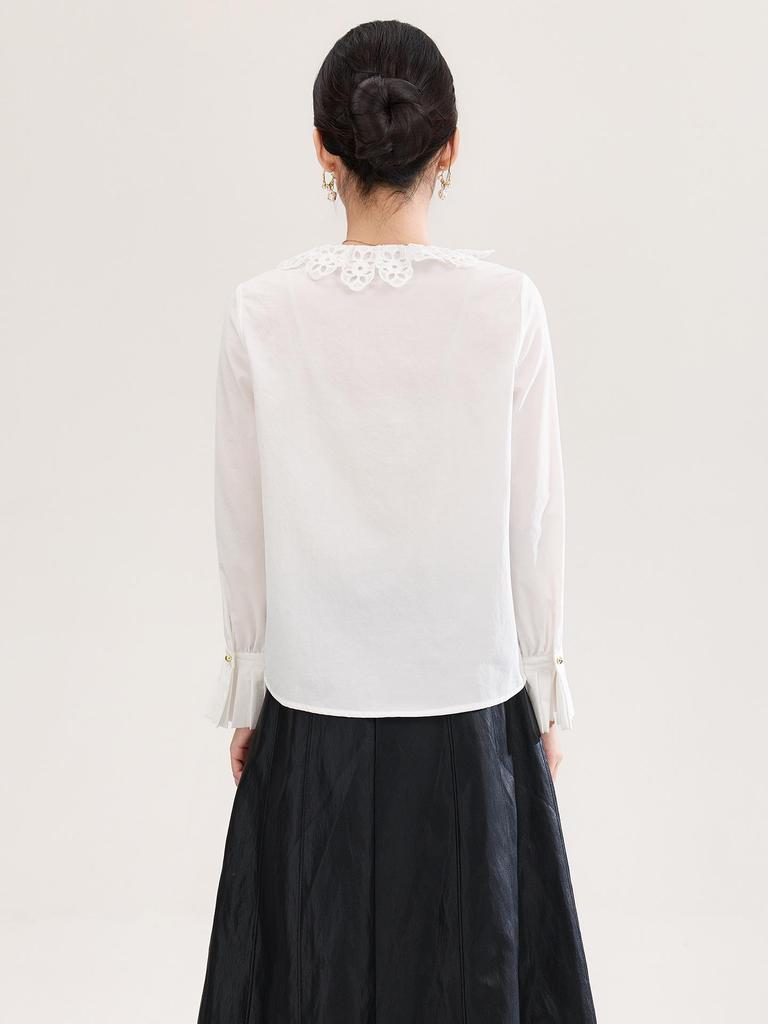 Anti-Wrinkle French Style Lace-Embroidered White Cotton Shirt