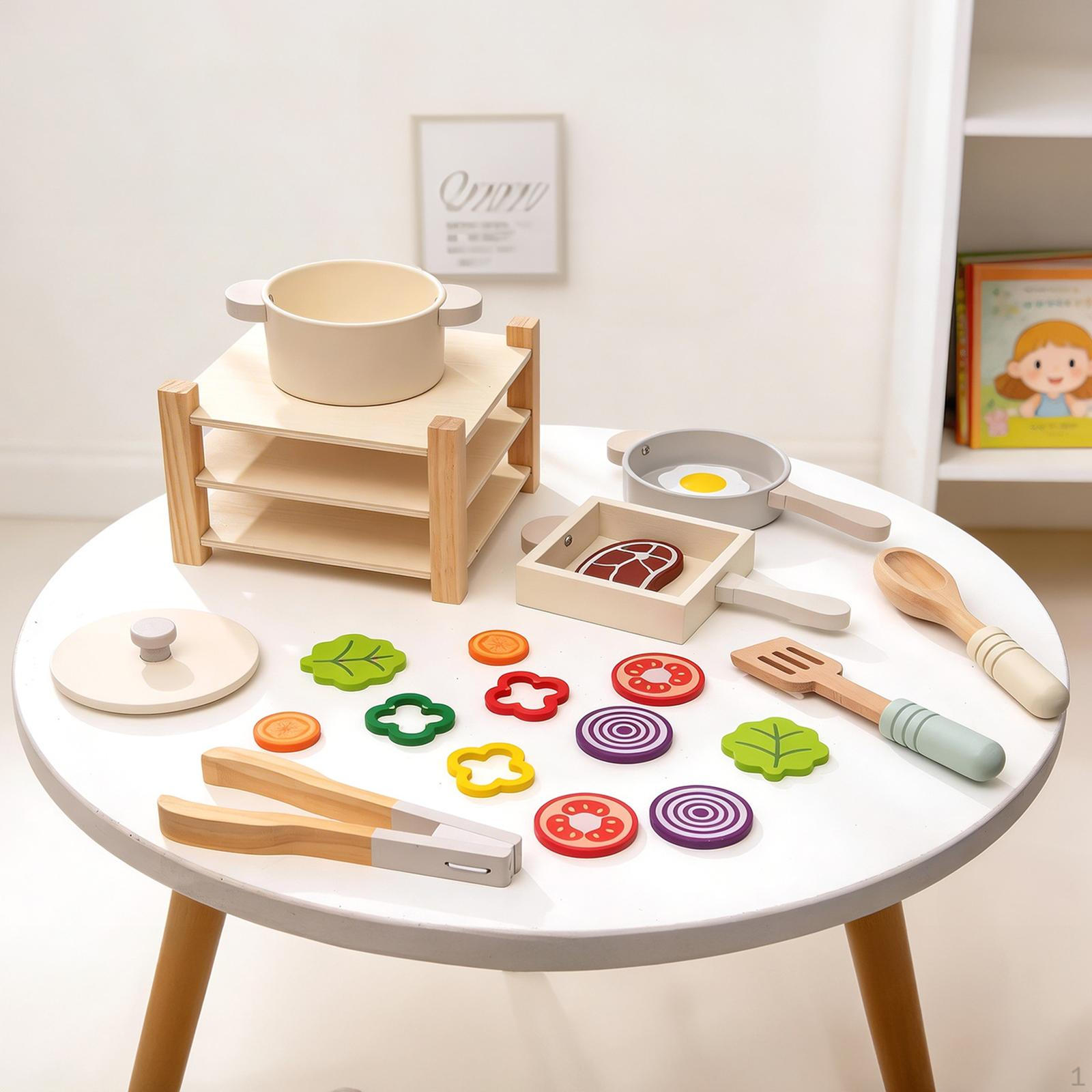 

Wooden Play Kitchen Accessory Pretend Cookware Set Realistic Toy Cooking Utensils