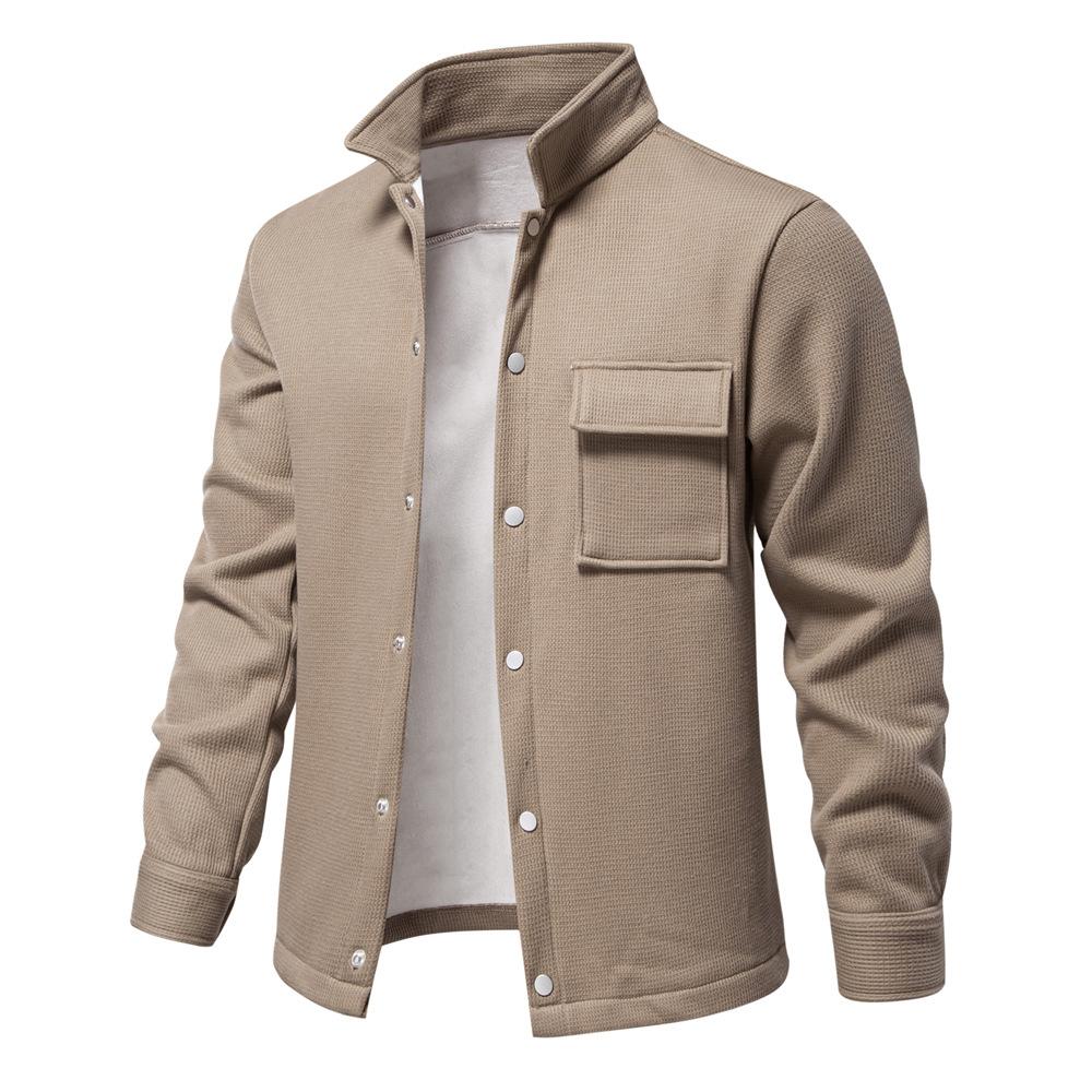 Autumn And Winter New Fleece Thickened Waffle Men'S Lapel Cardigan Jacket Foreign Trade Pocket Coat Top Men