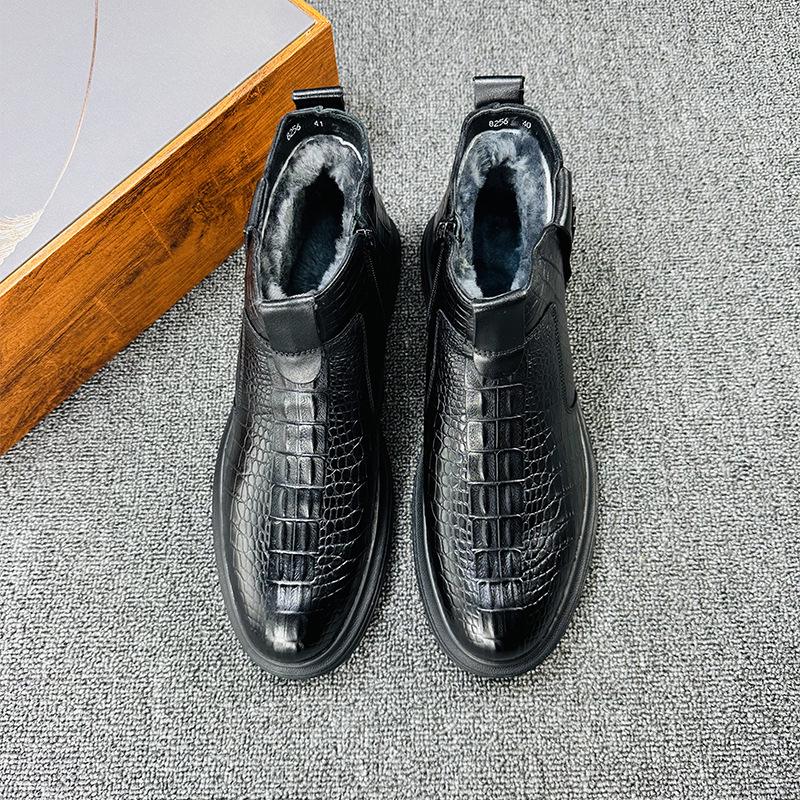 2023 Winter Men s Crocodile Pattern Plus Velvet Mid-Calf Leather Boots - Warm, Fashionable British Style Martin Boots 40