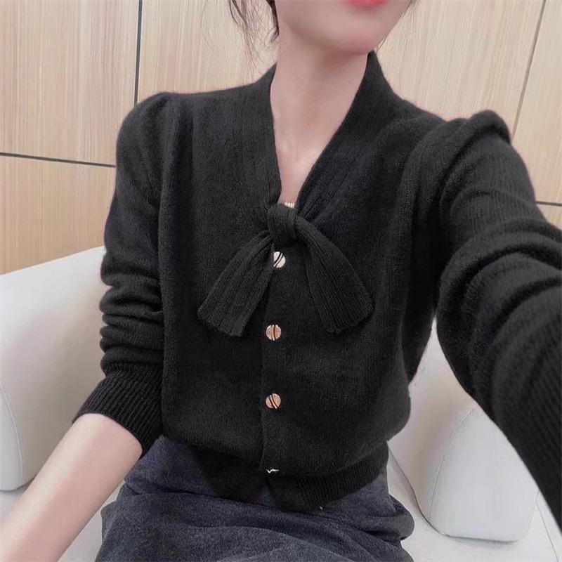 

Вязаный свитер однотонного цвета с бантом на вырезе, осенний, большого размера, для полных дам, элегантный, модный кардиган, топ с длинным рукавом average size [recommended 90-62.5 kg] чёрный