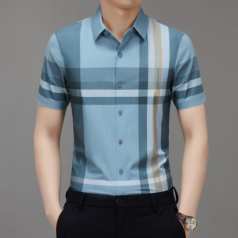 

Мужская бесшовная рубашка с коротким рукавом, не требующая глажки, с полосками, с эффектом ледяного прикосновения M зелёный