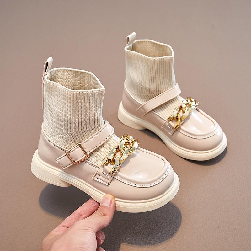 Korean Version of the New Children's Boots British Style Knitted Socks Boots Fashion Chain Foreign Style Princess Leather Boots