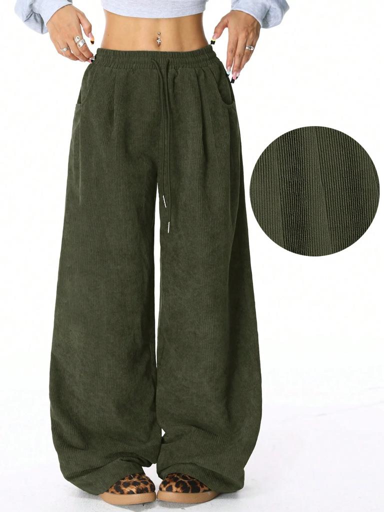 Women's Corduroy Wide Leg Pants with Drawstring Waist Casual Loose High Waist Trousers