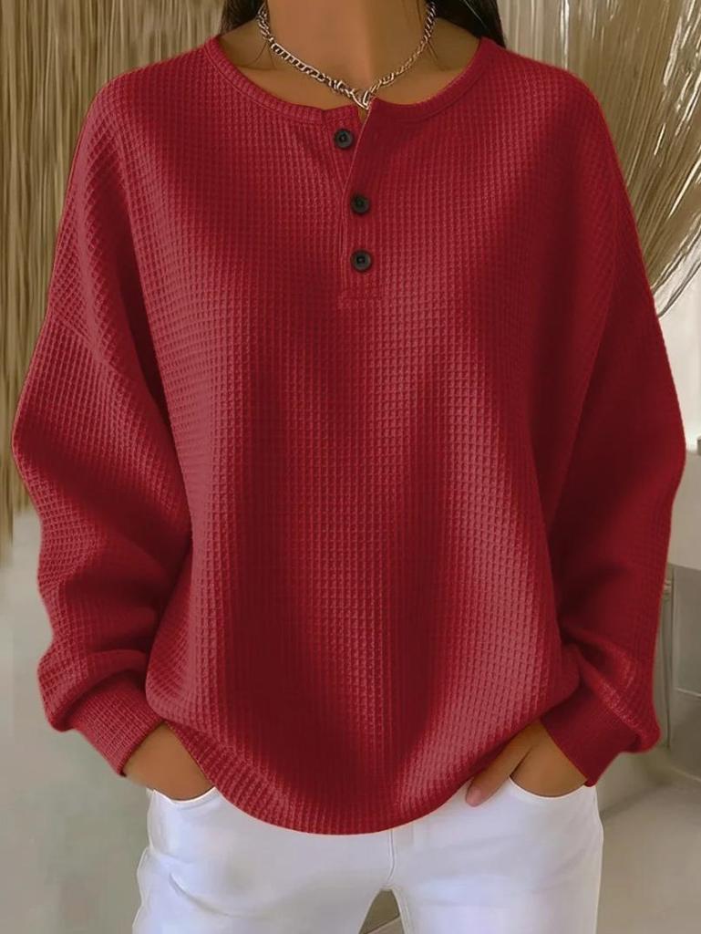 Women's Solid Waffle Long-Sleeved Pullover T-Shirt with Round Neck and Button Closure