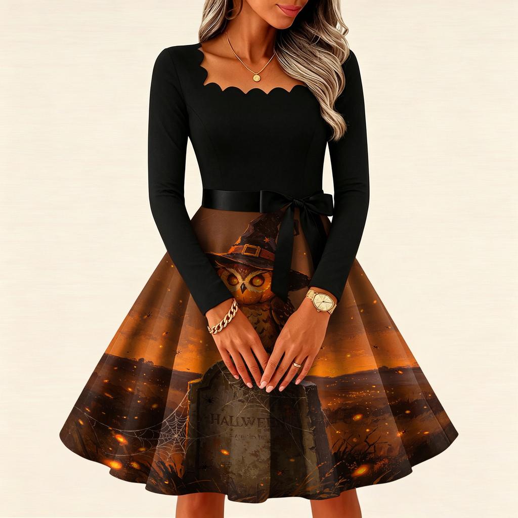 Women's Vintage Long Sleeve Square Neck Dress with Halloween Print for Party Evening Wear