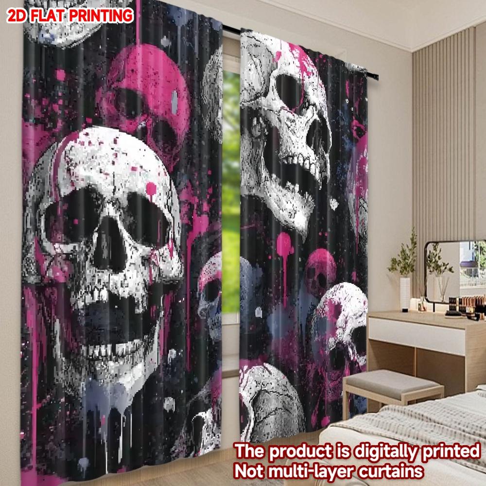 2D Flat Printing 2pcs Party Curtains Halloween Skull Digital Printed Polyester Drapes All Season Party & Holiday Decor Use for