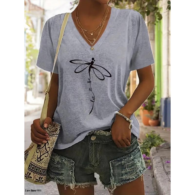 Summer V-neck 3D Dandelion Dragonfly Pattern Printed Top Fashionable Casual Short Sleeved Women's T-shirts