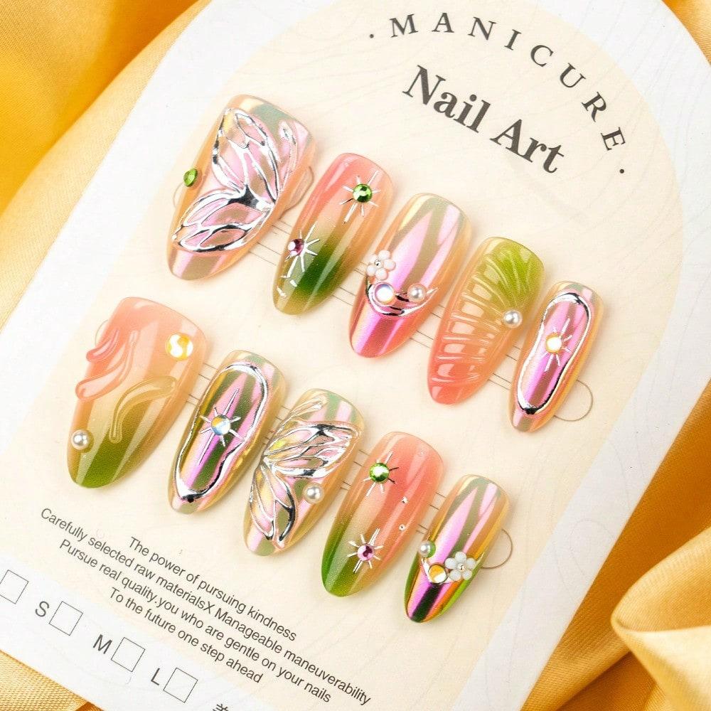 30 Stück Premium Lila Aurora Vergoldet 3D Dreidimensional Schmetterling Blume Mandel Trage Nagel Handgemacht Diamant Nagelkunst