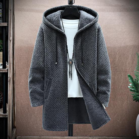 Suéter con capucha Otoño Invierno Espesar Manga Larga Cordón Forro de Felpa Longitud Media Chaqueta de Punto Ropa de Calle