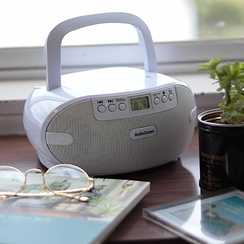 OHM Electric AudioComm CD Radio, Compact Stereo, Portable CD Player, Outlet, Battery-Operated, White, for English Conversation, Language Learning, EIK