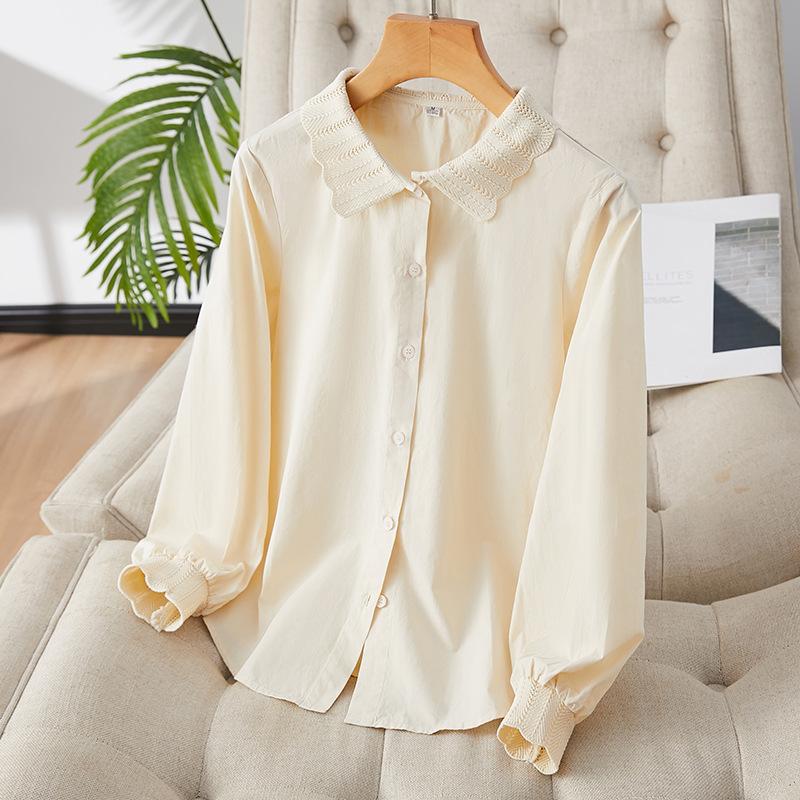 

Весенняя рубашка из чистого хлопка, цвет французского абрикоса, приятная к коже, белая рубашка с кружевным воротником, женская, с длинными рукавами XXL