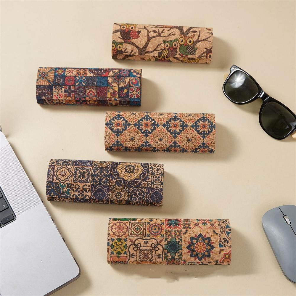 Cork Eyeglasses Case Printed Flower Design Glasses Holder Owl Printed Eyewear Box Portable Retro Glasses Box For Travel Men