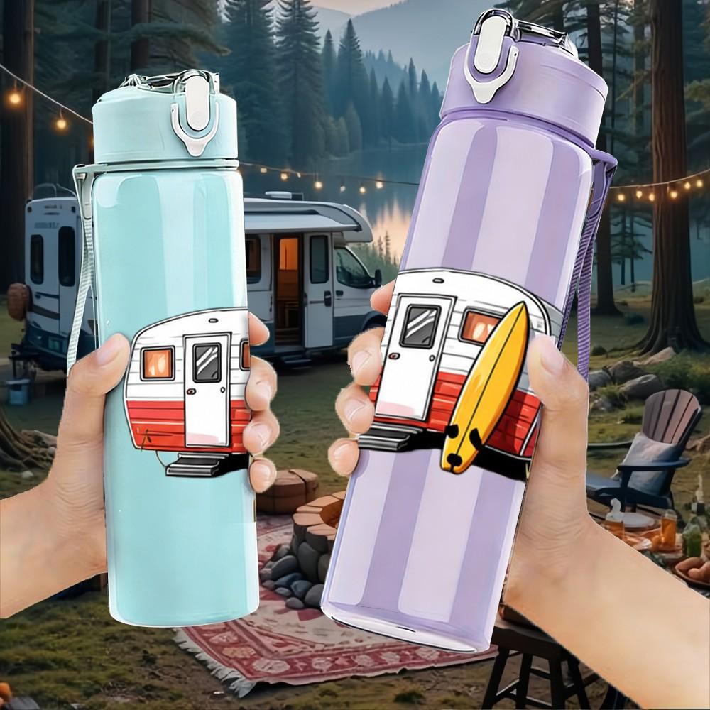 1PC Retro Camper Van 750ml Color Plastic Sports Water Bottle Leakproof Flip Straw Lid Suitable for Sports Office Home Use