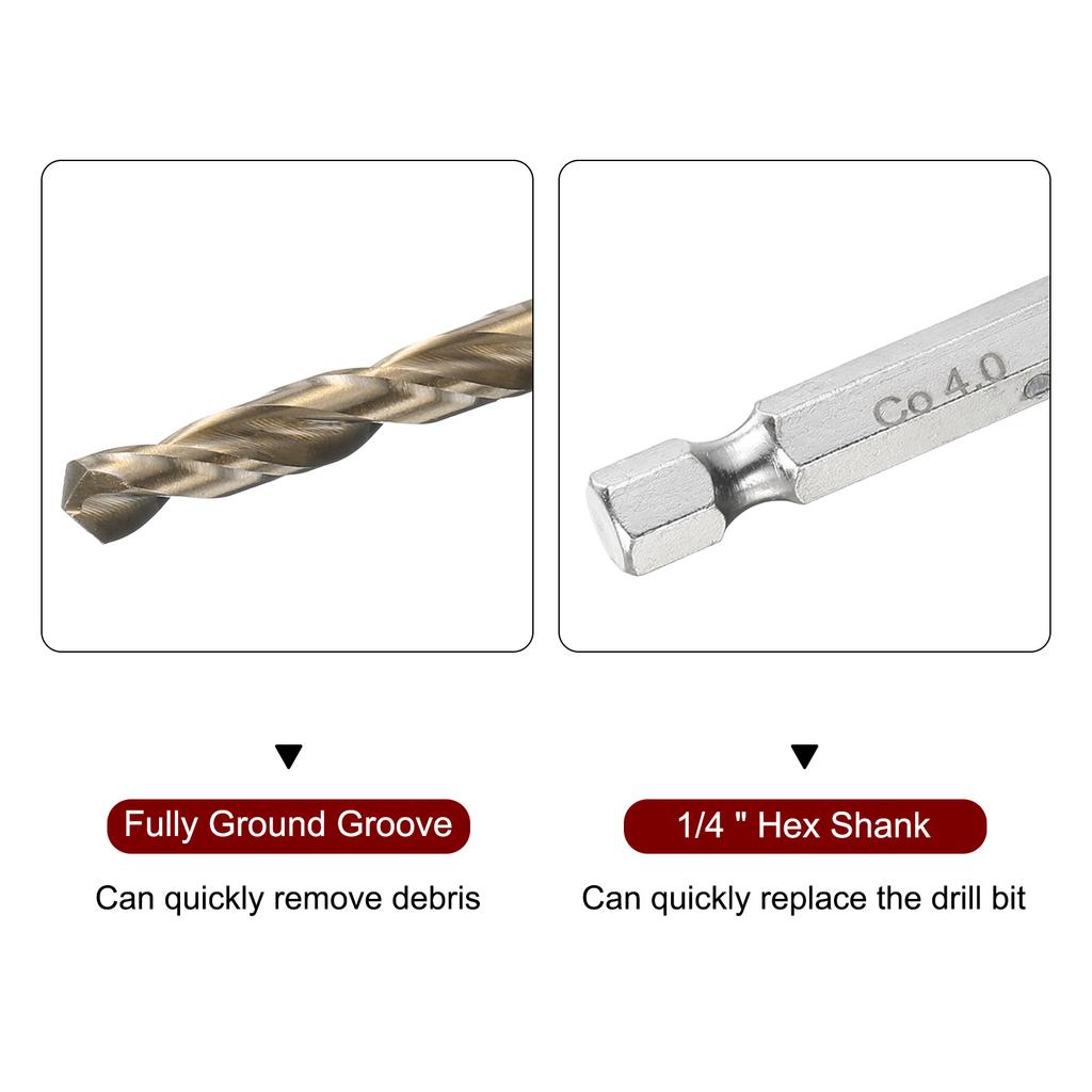 4pcs 1/1.5/2/2.5/2.8/3/3.2/3.5/4mm Twist Drill Bit M35 HSS Cobalt with Quick Change 1/4" Hex Shank Jobber Drill Bit for Metal
