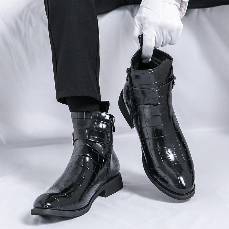 Large Size Dress Leather Shoes Pointed Men's High Top Martin Boots Platform Leather Boots Pointed Chelsea Men's Boots Zipper