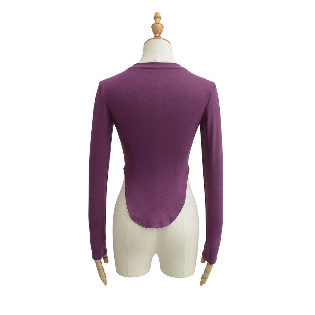 Women's Pilates Crew Neck Long Sleeve Yoga Top - Curved Hem, Spring/Summer Style