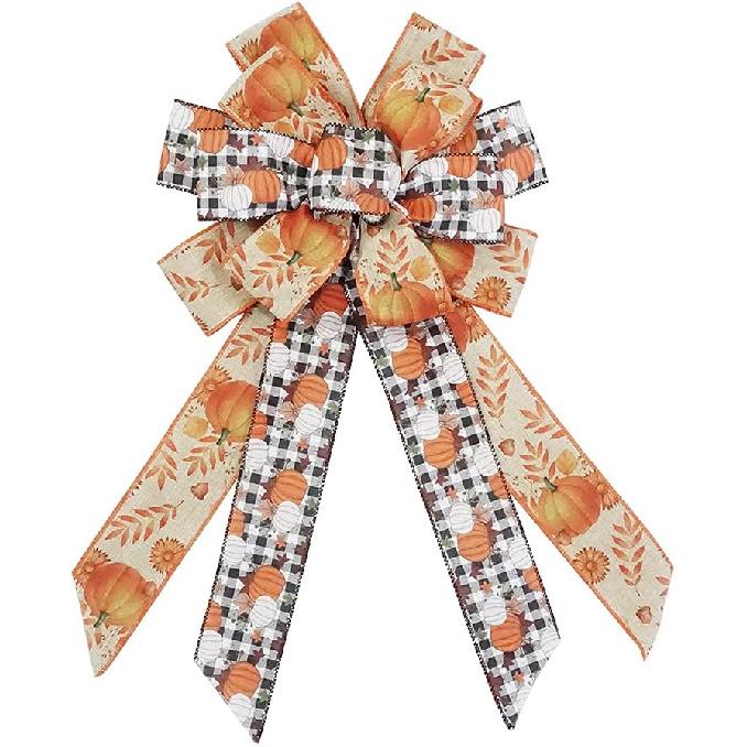Large Fall Plaid Bow for Wreath, Autumn Thanksgiving Bow for Front Door Indoor Outdoor Wall Decoration Supplies Ornaments