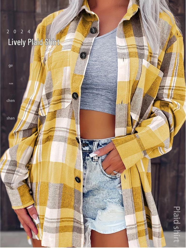 2023 Women's European & American Plaid Long Sleeve Lapel Cardigan Jacket
