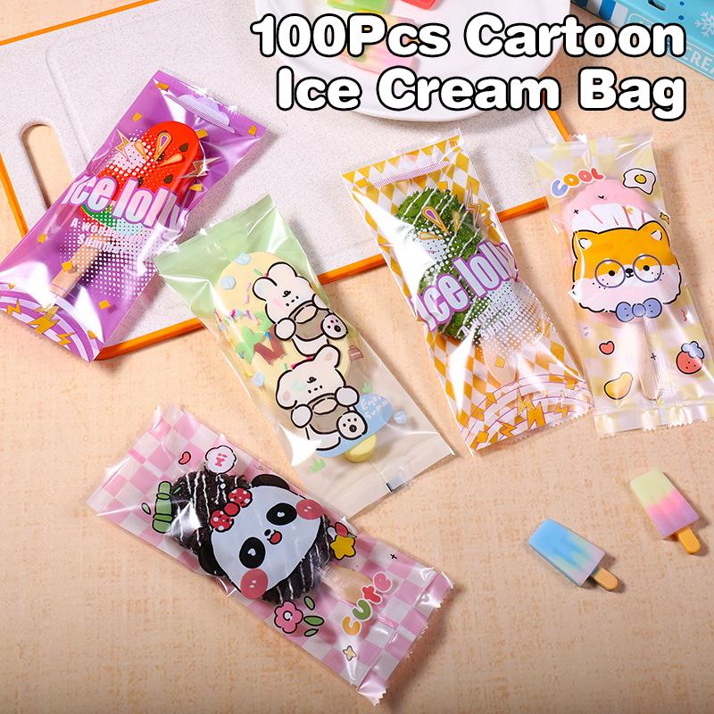 100Pcs Cartoon Food Grade Ice Cream Bags Disposable Self Sealing Bag Popsicle Protective Cover Storage Bag Packing Bag