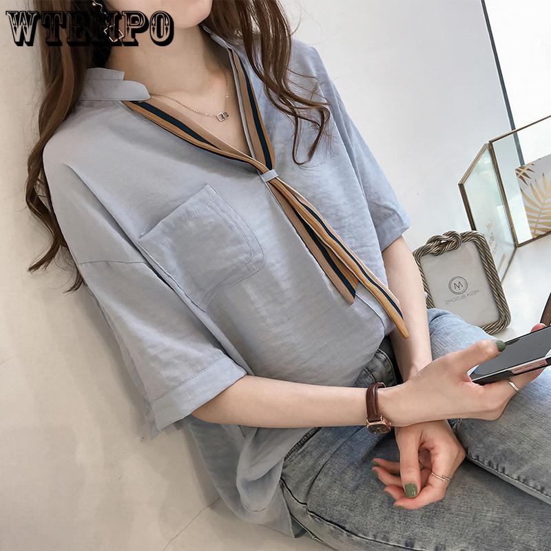 Summer Women's Striped Tie Shirt Women's Short Sleeve Top Loose and Versatile Half Sleeve Shirt
