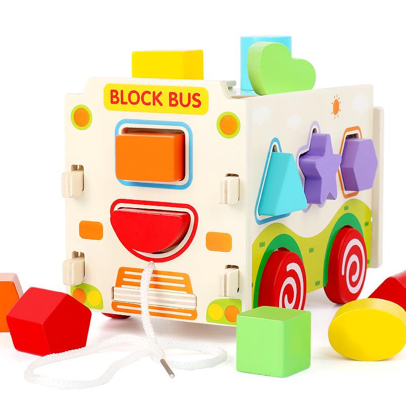 Thirteen holes car bus building block intelligence box shape color cognition children s toys detachable drag train