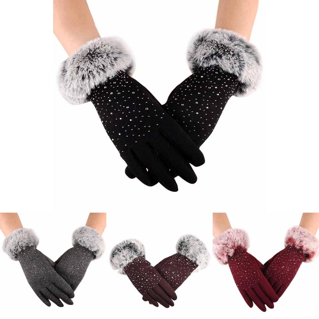 Luxurious Womens Fashion Winter Outdoor Sport Warm Fur Crystal Thick Finger Gloves Mittens