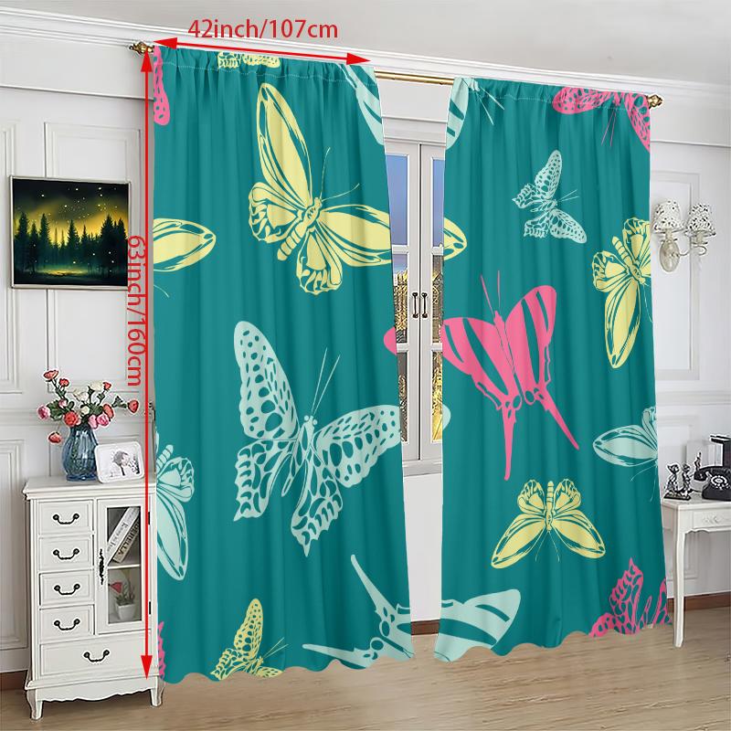 2PCS- Colorful Butterfly - Printed Curtain - Polyester Material - Suitable for Bedroom, Living Room, Study Private Space