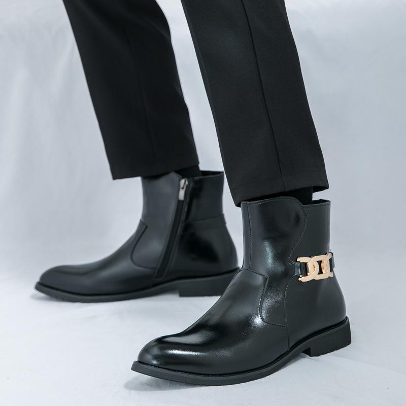 Metal buckle high-top pointed leather boots leather shoes spring and autumn men's fashion zipper 38-46 boots