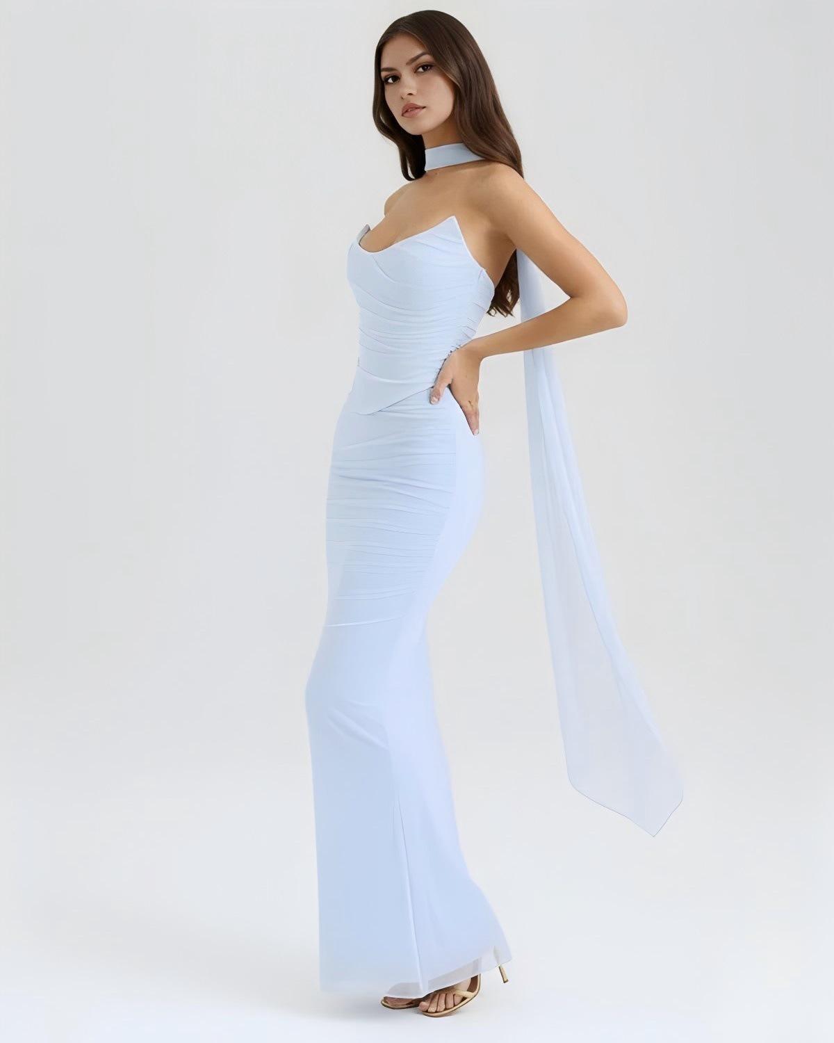 2025 Summer Blue Sexy Strapless Slim-Fit Hip-Hugging Long Three-Piece Women s Set XL